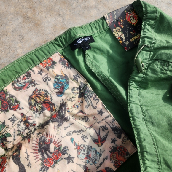 NWT Ed Hardy Cotton Peacock Poplin Wide Leg Army Green Cargo Pant Women's L - Picture 9 of 10